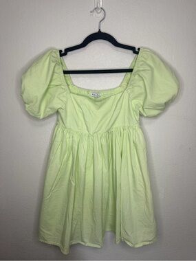Hunter & Brown Lime Green Puff Sleeve Smocked Mini Dress Cotton Small